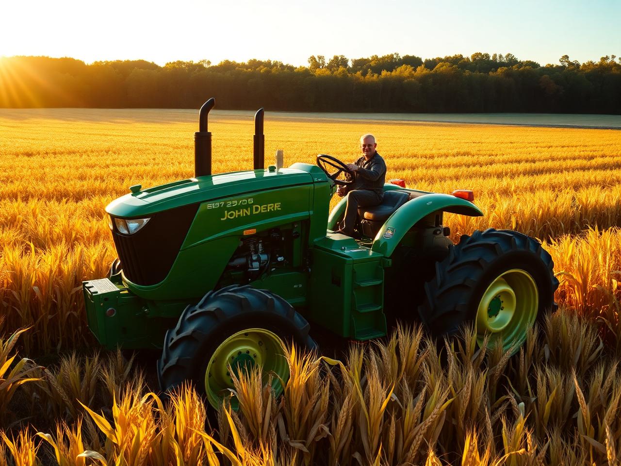 Modern tractor in a sunlit cornfield with telemetry overlays